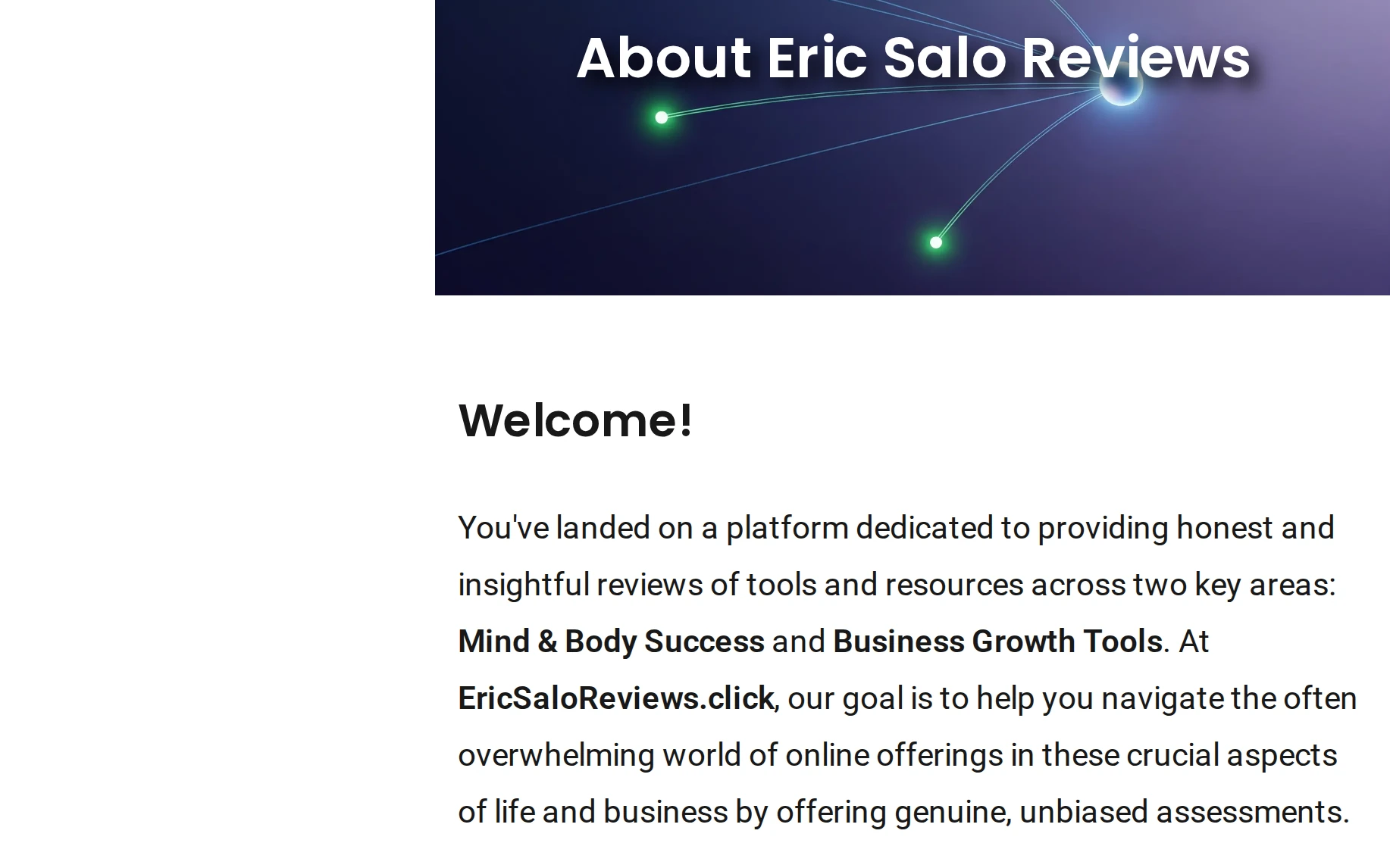 The About page of Eric Salo Reviews: the heading About Eric Salo Reviews, Welcome! and its opening paragraph