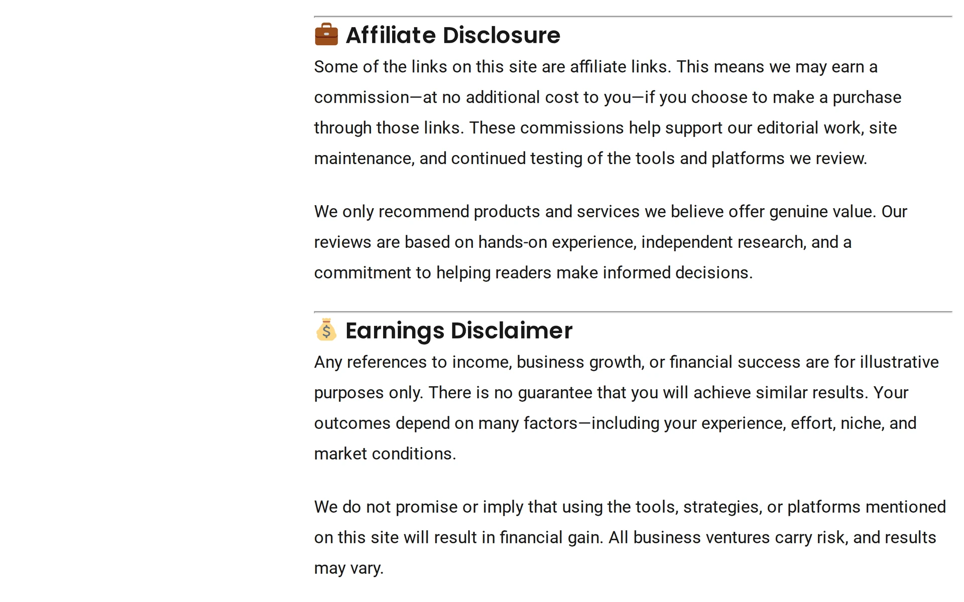 The Disclosure & Disclaimer page of Eric Salo Reviews: its Affiliate Disclosure section and, on wider screens, its Earnings Disclaimer, which says income references are illustrative only and results are not guaranteed